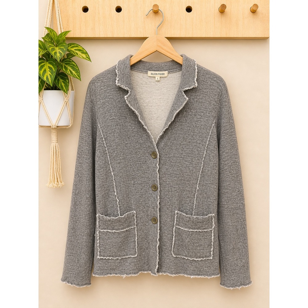 Eileen Fisher Gray Marled 100% Cotton Raw Edge Knit Blazer Jacket Woman's SMALL